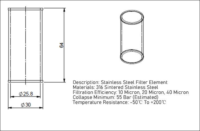 10 micron sintered stainless steel mesh filter with 55 bar collapse